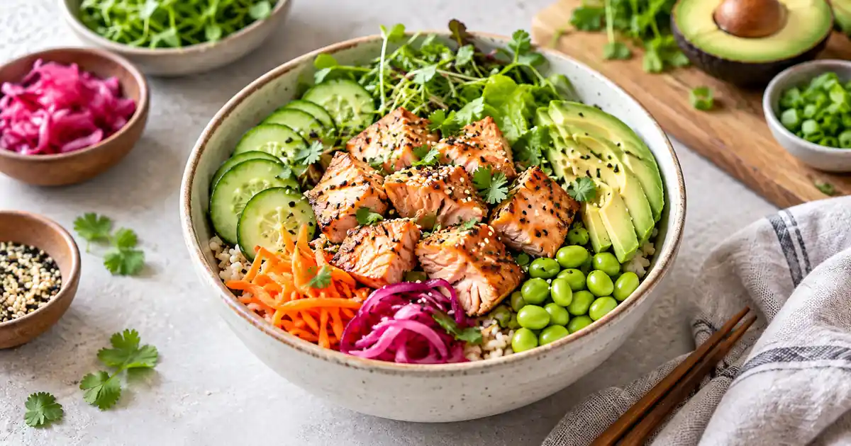 Cooked salmon bowls with rice, avocado, cucumber, edamame, greens, and pickled vegetables