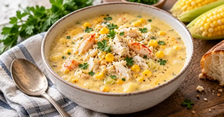 Creamy crab and corn chowder with sweet corn, crab meat, herbs, and black pepper