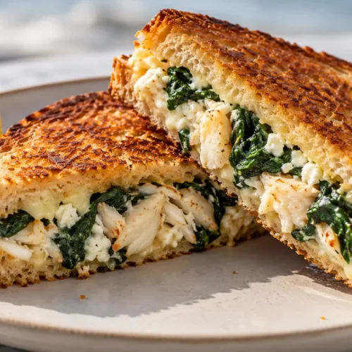 Crab grilled sandwich with spinach and feta, toasted and cut open on a plate