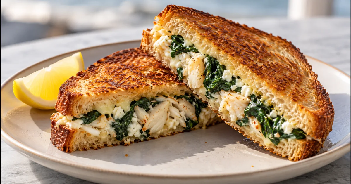 Crab grilled sandwich with spinach and feta, toasted and cut open on a plate