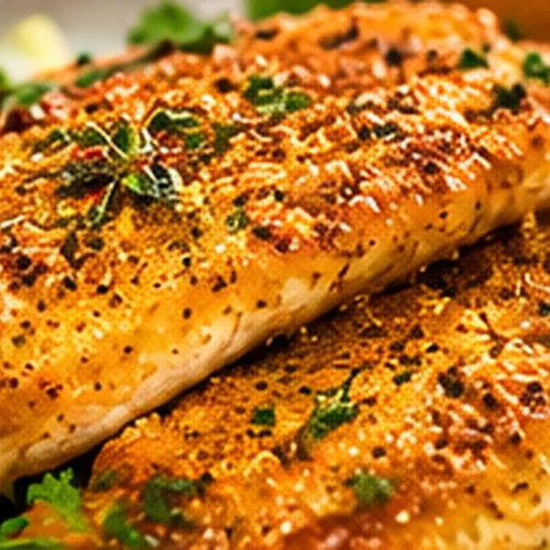 Crispy oven-baked catfish fillets with golden seasoned cornmeal crust, lemon, and fresh herbs