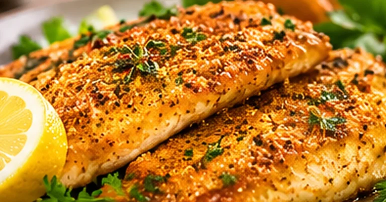 Crispy oven-baked catfish fillets with golden seasoned cornmeal crust, lemon, and fresh herbs