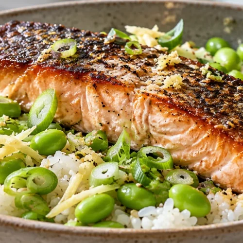 Crispy salmon with edamame and ginger rice, scallions, and lime