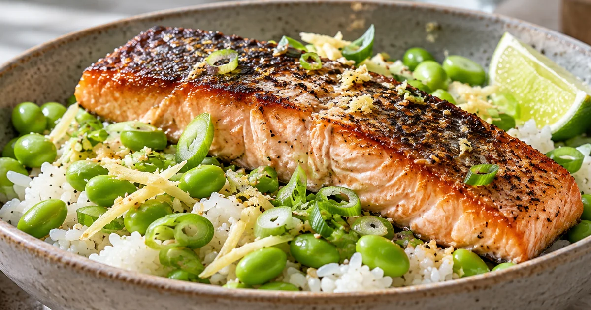 Crispy salmon with edamame and ginger rice, scallions, and lime