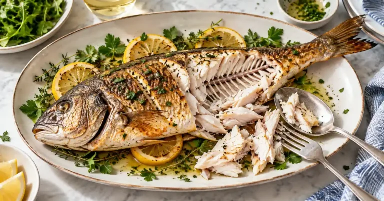 Cooked whole fish on a platter being deboned with serving utensils, lemon, and herbs