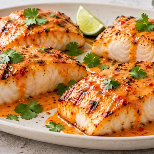 Four grilled halibut fillets with Thai red curry glaze, cilantro, and lime
