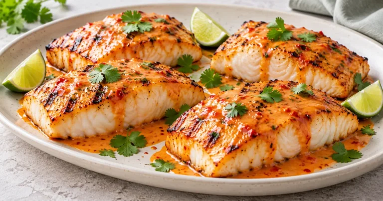 Four grilled halibut fillets with Thai red curry glaze, cilantro, and lime