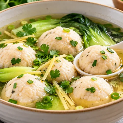 Homemade fish balls in clear ginger broth with leafy greens, scallions and cilantro, one fish ball resting in a soup spoon