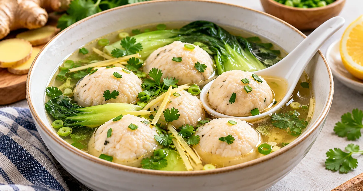 Homemade fish balls in clear ginger broth with leafy greens, scallions and cilantro, one fish ball resting in a soup spoon
