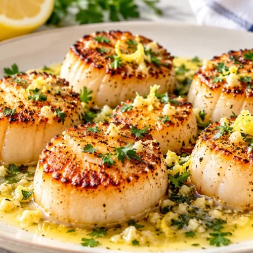 Golden pan-seared sea scallops served with garlic lemon butter and parsley