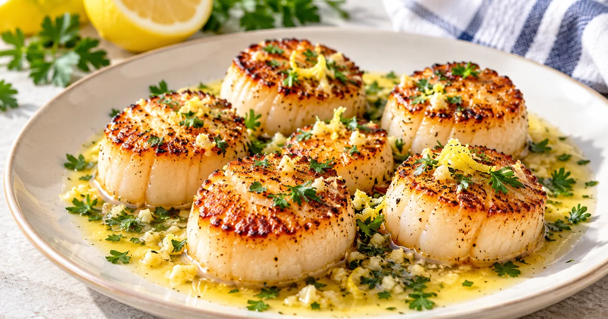 Golden pan-seared sea scallops served with garlic lemon butter and parsley