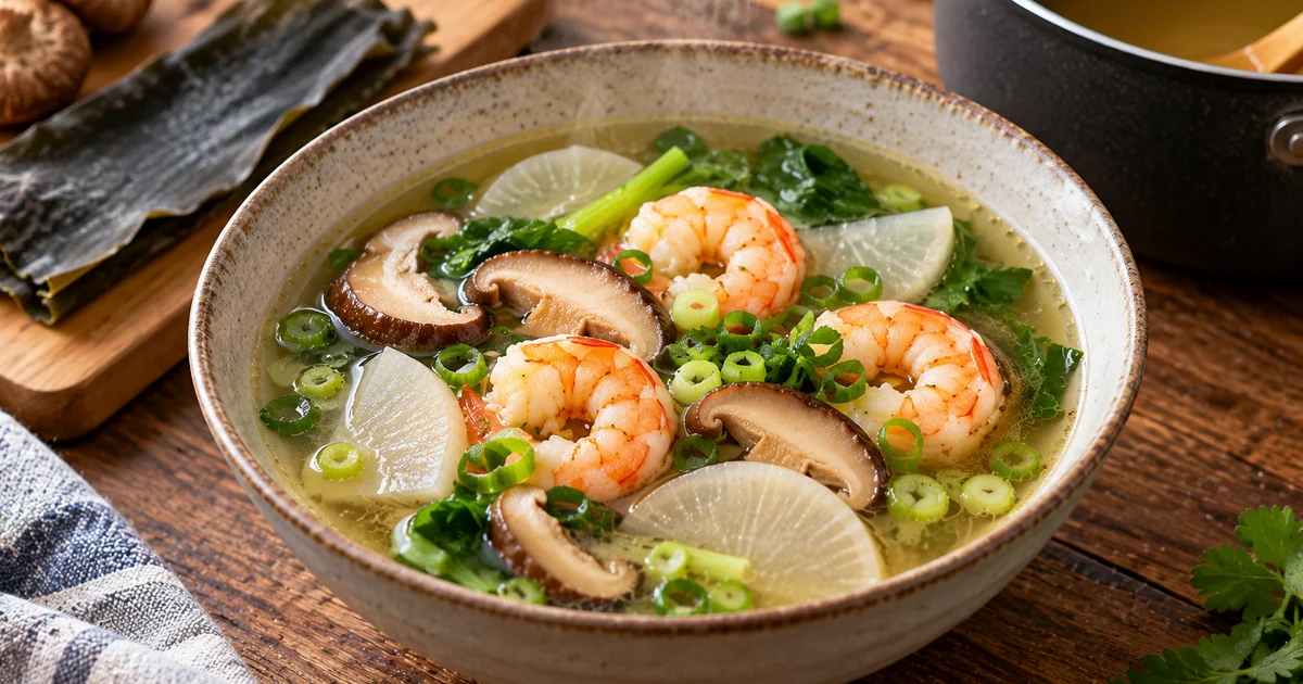 Clear kombu dashi shrimp soup with shiitake mushrooms, daikon radish, spinach and scallions