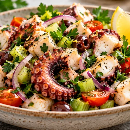 Mediterranean octopus salad with tender octopus slices, cherry tomatoes, celery, black olives, fresh parsley and lemon wedges