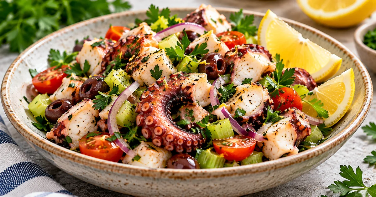 Mediterranean octopus salad with tender octopus slices, cherry tomatoes, celery, black olives, fresh parsley and lemon wedges