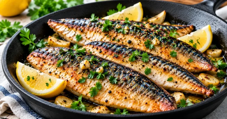 Pan-fried mackerel with crispy skin, lemon, garlic, and parsley