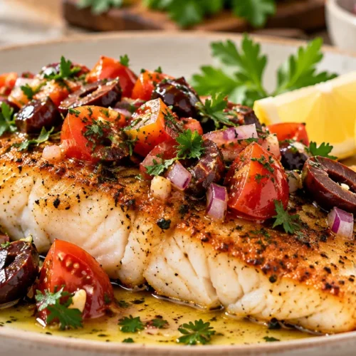 Golden pan seared grouper fillet topped with cherry tomatoes, Kalamata olives, red onion and parsley, served with lemon