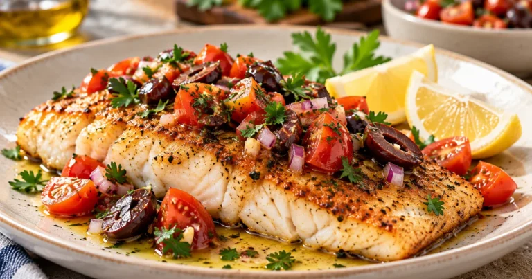 Golden pan seared grouper fillet topped with cherry tomatoes, Kalamata olives, red onion and parsley, served with lemon