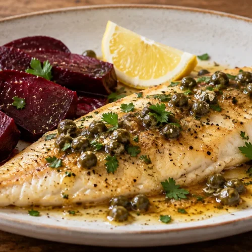 Pan-seared sole with brown butter, cooked beets, capers, lemon, and parsley
