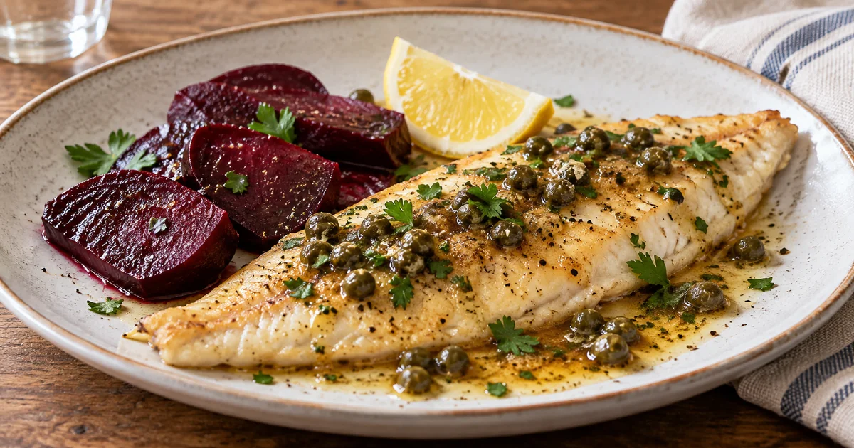 Pan-seared sole with brown butter, cooked beets, capers, lemon, and parsley