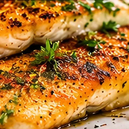 Pan seared trout fillets with golden garlic herb butter, lemon wedges and parsley