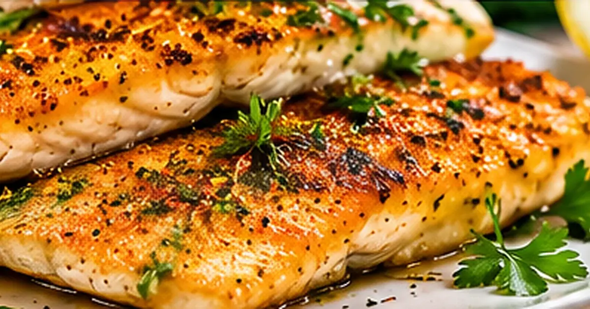 Pan seared trout fillets with golden garlic herb butter, lemon wedges and parsley