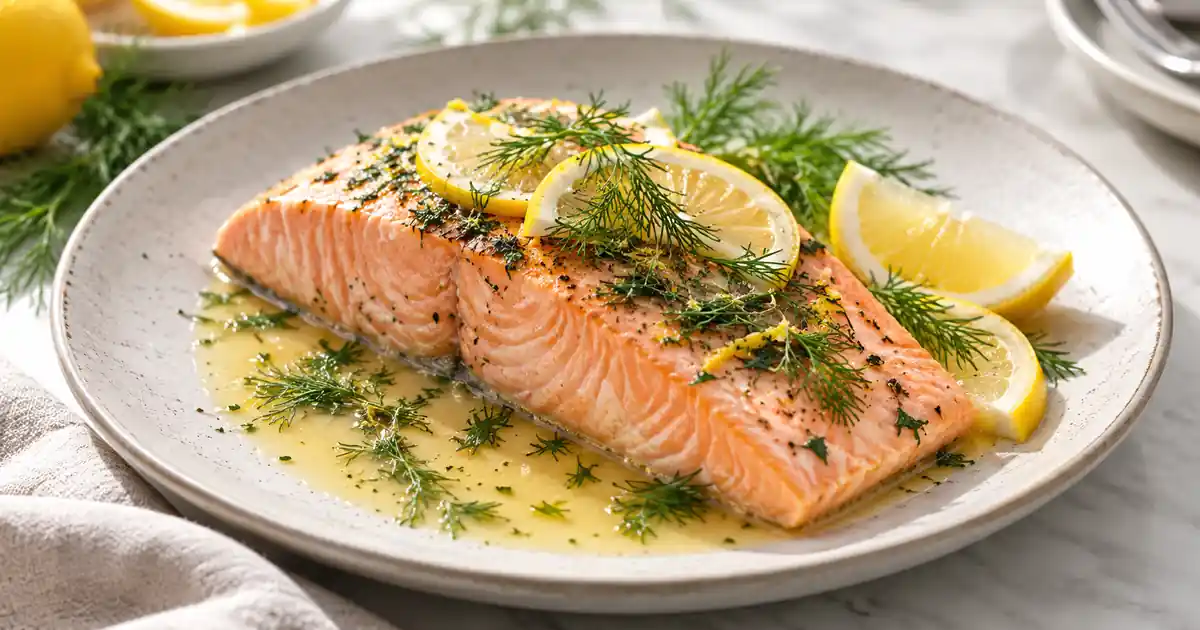Poached steelhead trout with fresh dill and lemon slices
