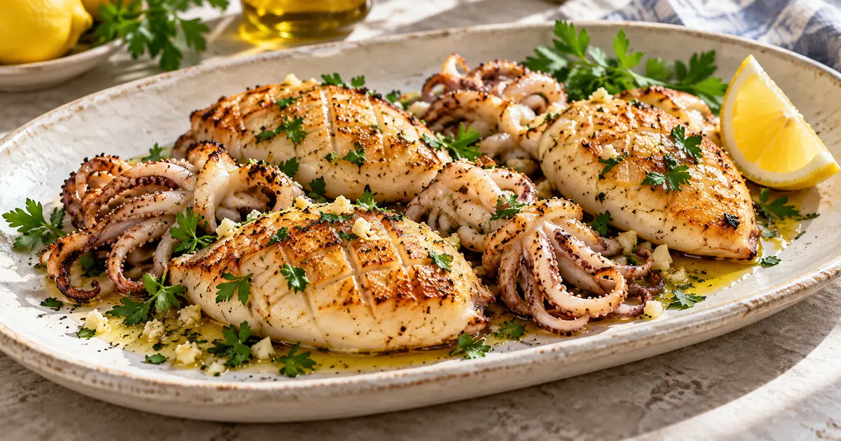 Pan-seared cuttlefish with garlic, parsley and lemon on a ceramic platter