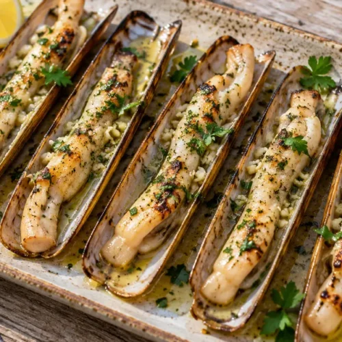 Grilled razor clams in long shells with garlic, parsley and lemon