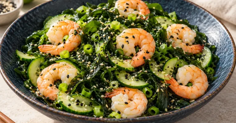 Wakame cucumber salad with cooked shrimp and sesame in blue bowl