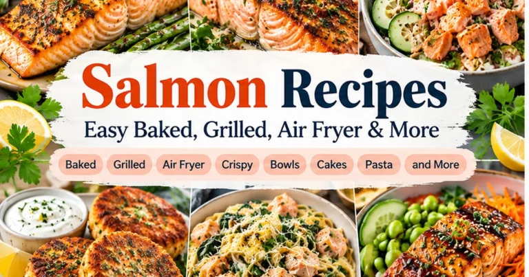 Salmon recipes including baked, grilled, air fryer, bowls, and cakes