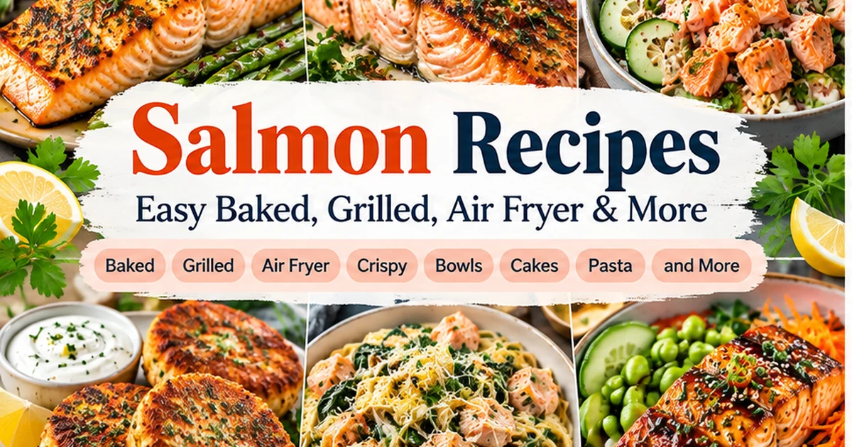 Salmon recipes including baked, grilled, air fryer, bowls, and cakes