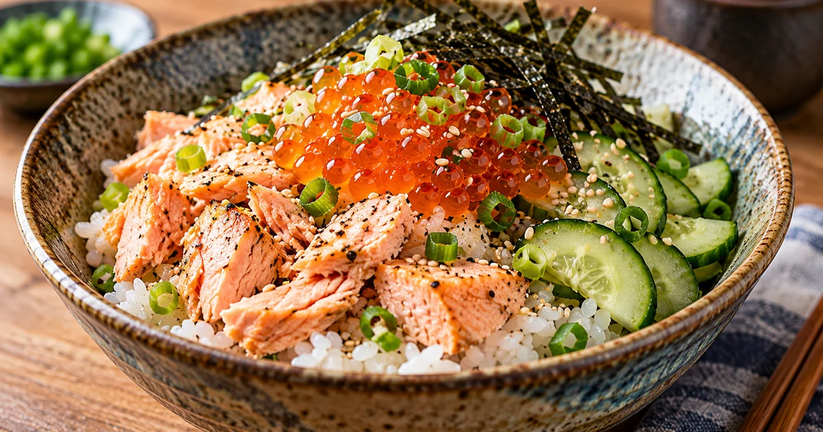 Rice bowl topped with fully cooked salmon, salmon roe, cucumber, scallions and shredded nori