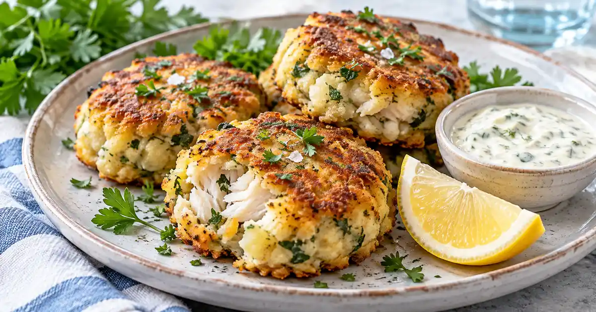 Golden sea bream fish cakes with potato, parsley, lemon, and herb sauce