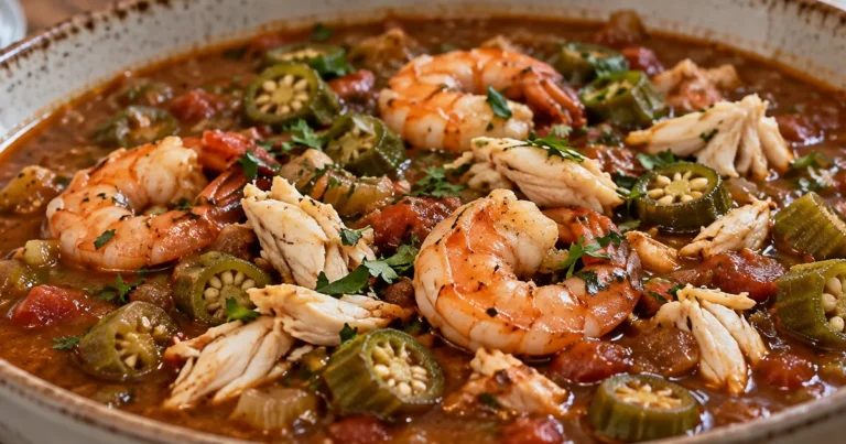 Shrimp and crab gumbo with okra in a tomato-roux broth
