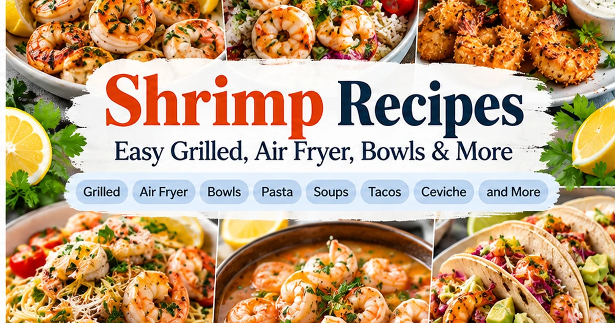 Shrimp recipes including grilled, air fryer, bowls, pasta, soups, and tacos