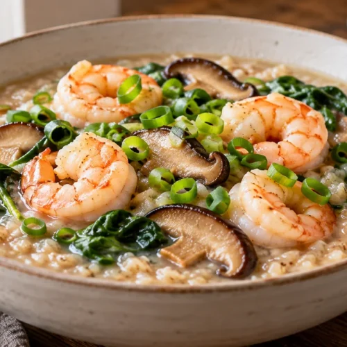 Shrimp and shiitake brown rice congee with spinach and scallions