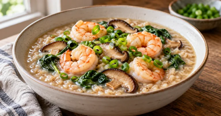 Shrimp and shiitake brown rice congee with spinach and scallions