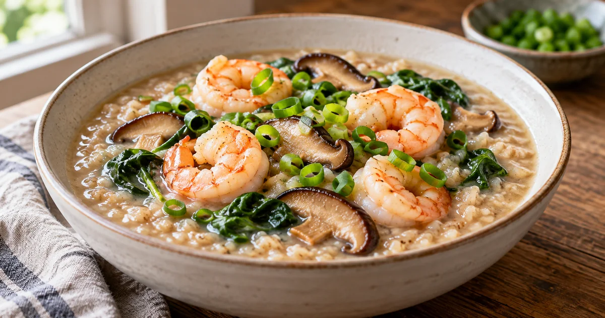 Shrimp and shiitake brown rice congee with spinach and scallions