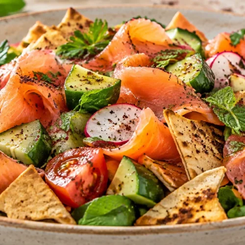 Smoked salmon fattoush with toasted pita, cucumber, tomato, radishes, and herbs