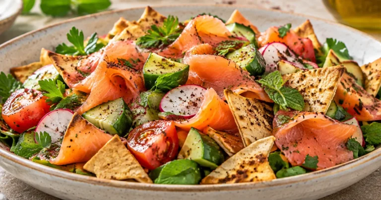 Smoked salmon fattoush with toasted pita, cucumber, tomato, radishes, and herbs
