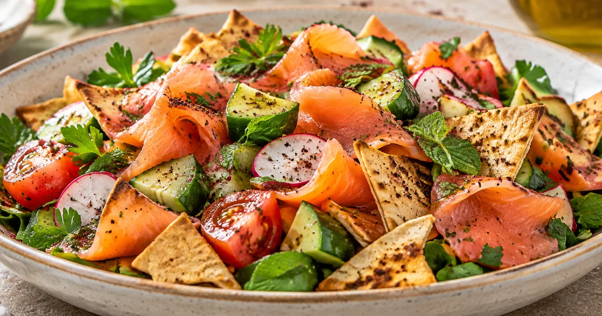 Smoked salmon fattoush with toasted pita, cucumber, tomato, radishes, and herbs