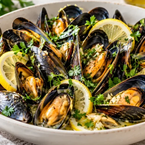Steamed mussels in opened shells with garlic-lemon broth, parsley and lemon