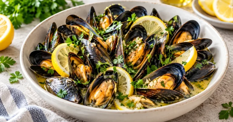 Steamed mussels in opened shells with garlic-lemon broth, parsley and lemon