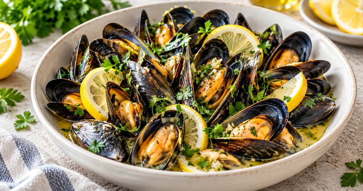 Steamed mussels in opened shells with garlic-lemon broth, parsley and lemon