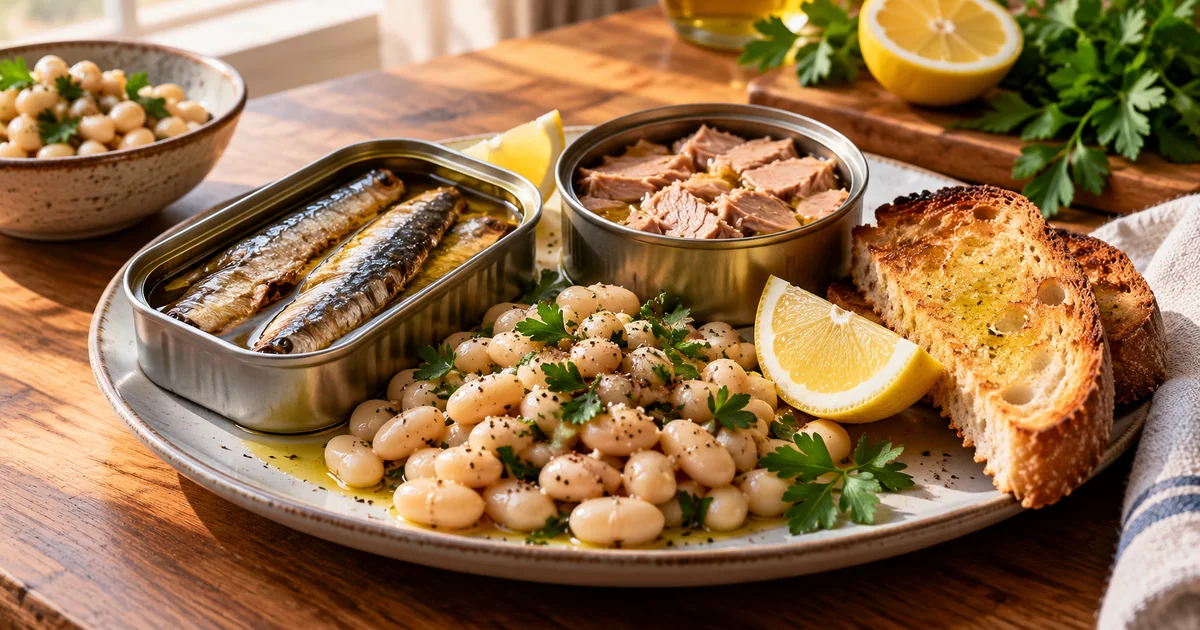 Tinned Seafood for Easy Dinners Opened tins of sardines and tuna with white beans, toast, and lemon