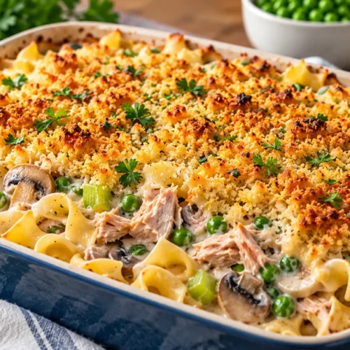 Tuna casserole with noodles, peas, mushrooms, and crispy breadcrumbs