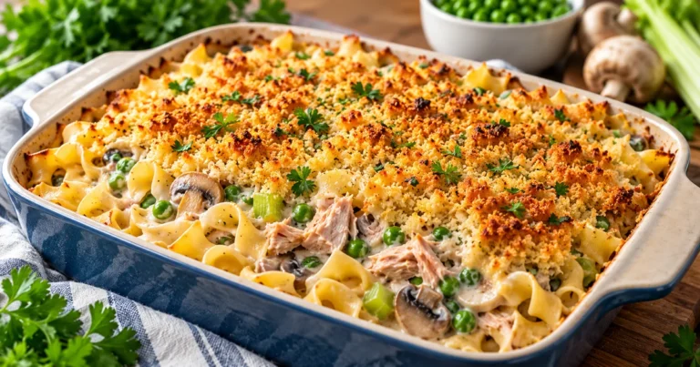 Tuna casserole with noodles, peas, mushrooms, and crispy breadcrumbs